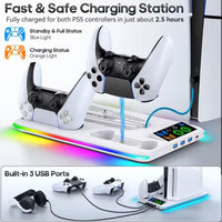 PS5/PS5 Slim/PS5 Pro Stand with Headphone Hook Cooling Stand & Controller Charging Station for PS5 With 3 Levels Cooling Fan