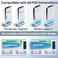 PS5/PS5 Slim/PS5 Pro Stand with Headphone Hook Cooling Stand & Controller Charging Station for PS5 With 3 Levels Cooling Fan