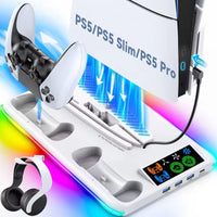 PS5/PS5 Slim/PS5 Pro Stand with Headphone Hook Cooling Stand & Controller Charging Station for PS5 With 3 Levels Cooling Fan
