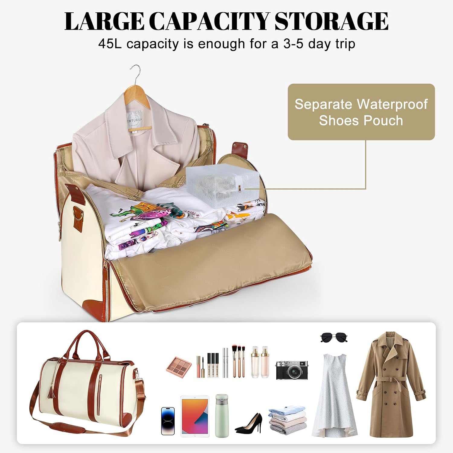 2-In-1 Convertible Garment Bags for Travel with Shoe Pouch, Beige