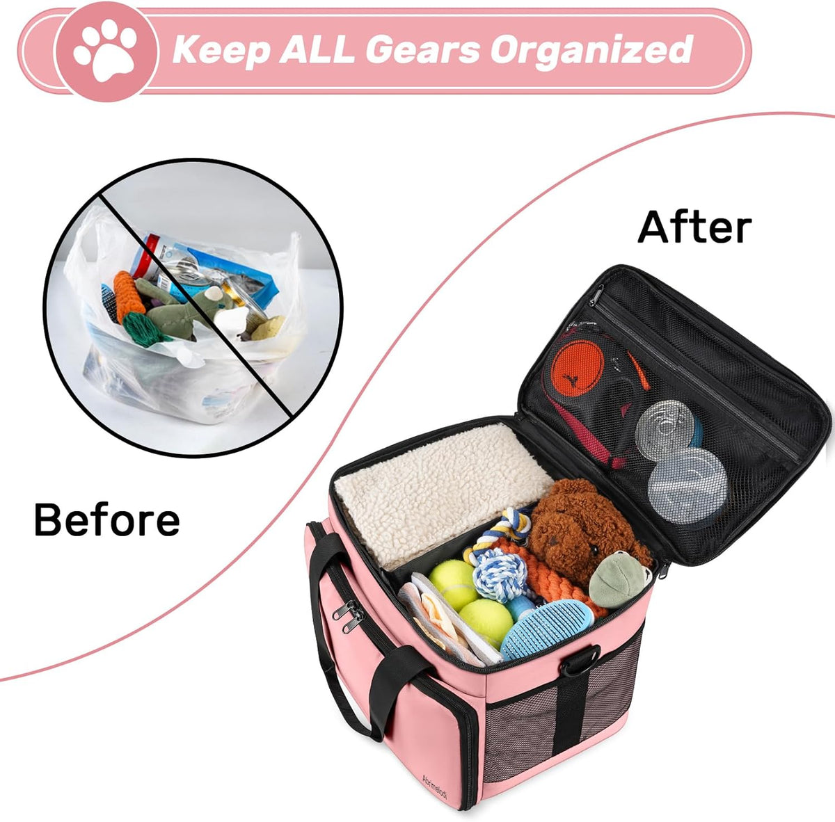 6 Set Dog Travel Bag, Large Pet Travel Kit for Supplies, Pink