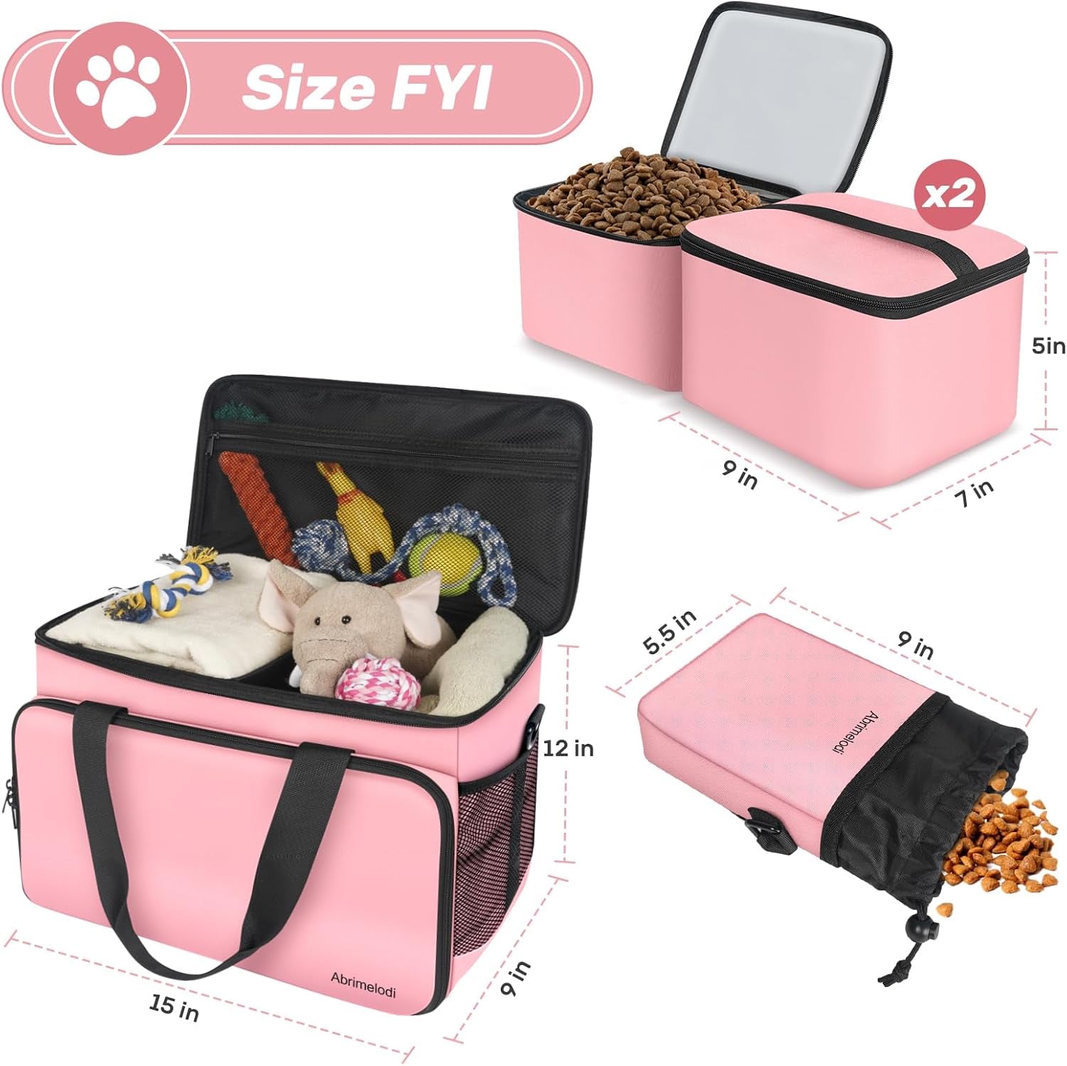 6 Set Dog Travel Bag, Large Pet Travel Kit for Supplies, Pink