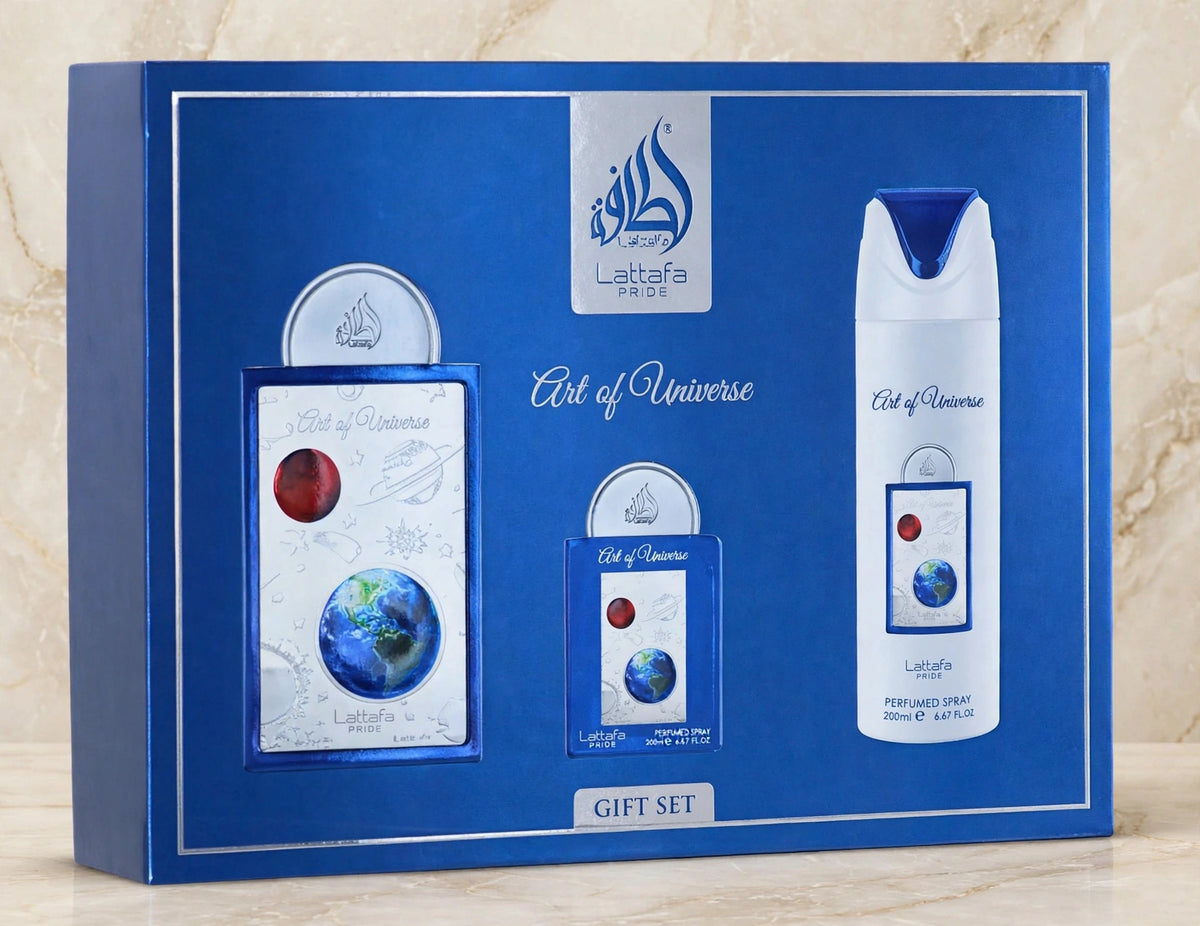 Lattafa Pride Art of Universe Unisex Gift Set – EDP 100ml + Mini EDP 20ml + Deodorant Spray 200ml