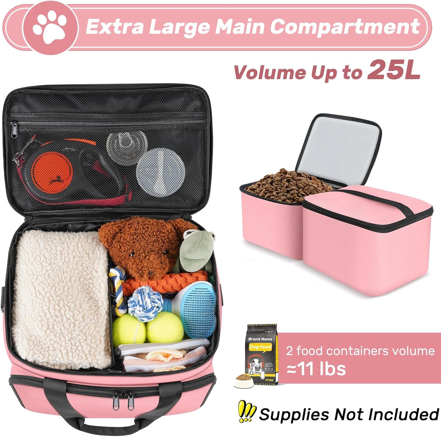 6 Set Dog Travel Bag, Large Pet Travel Kit for Supplies, Pink
