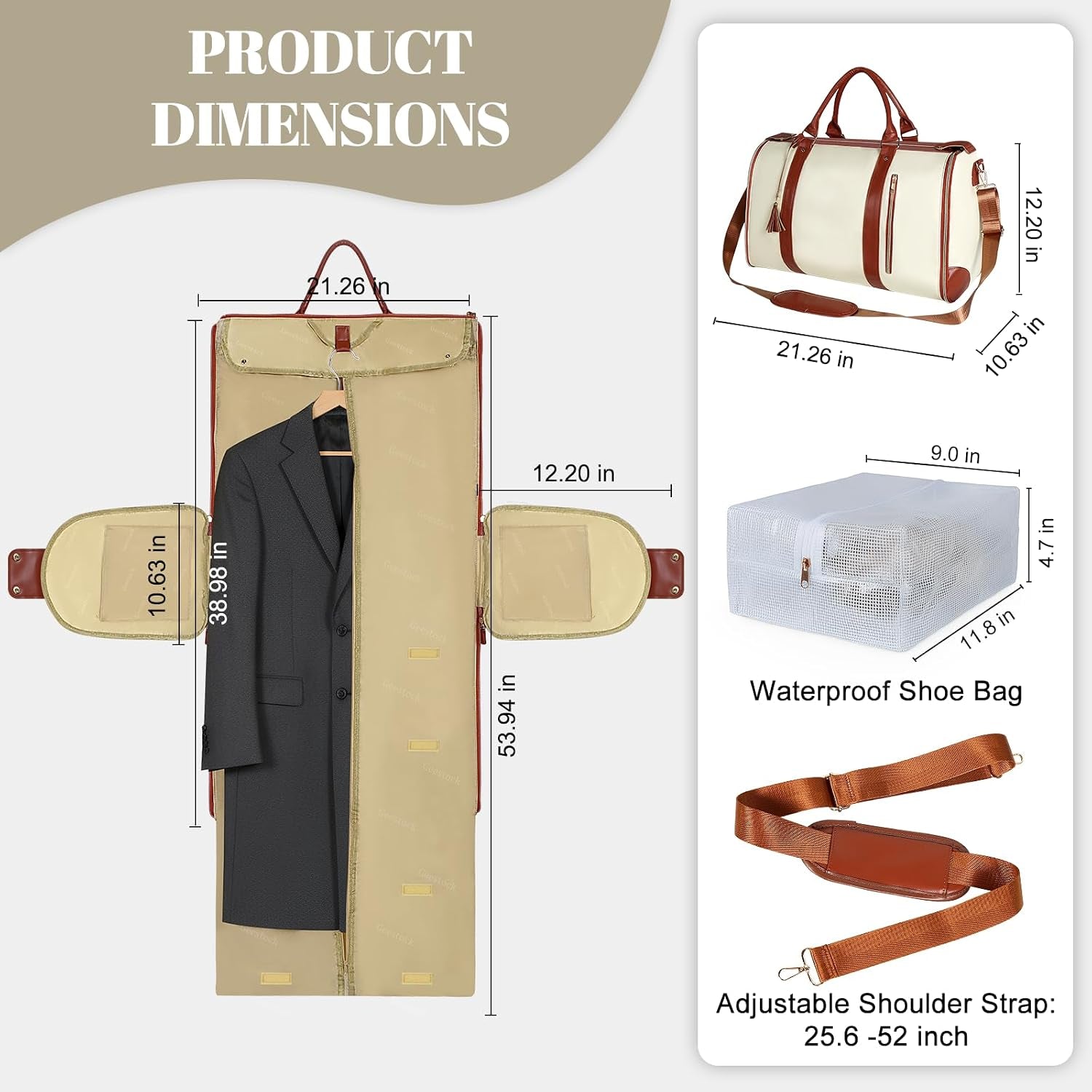 2-In-1 Convertible Garment Bags for Travel with Shoe Pouch, Beige
