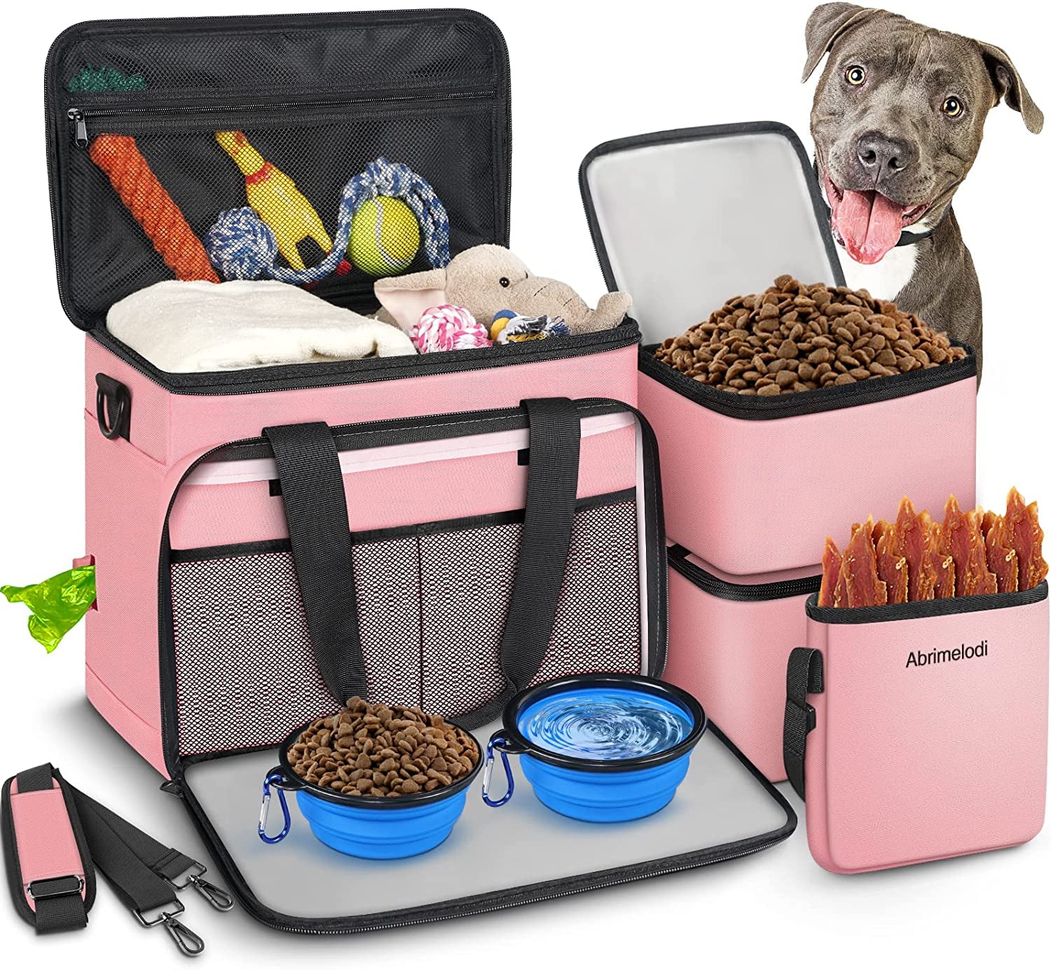 6 Set Dog Travel Bag, Large Pet Travel Kit for Supplies, Pink